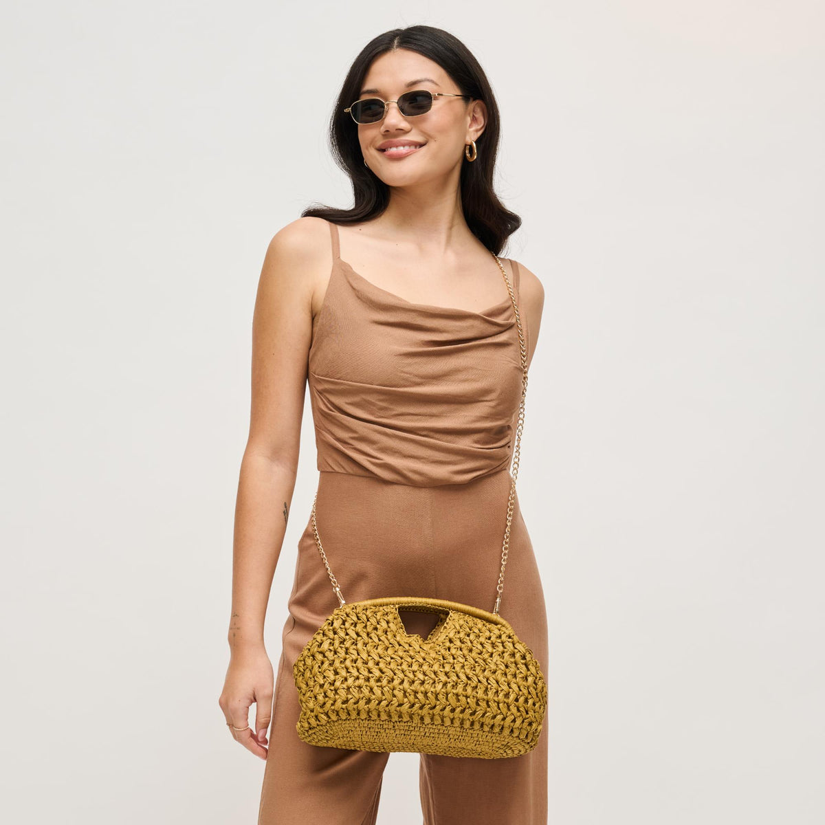 Woman wearing Mustard Urban Expressions Abigail Crossbody 840504204111 View 2 | Mustard