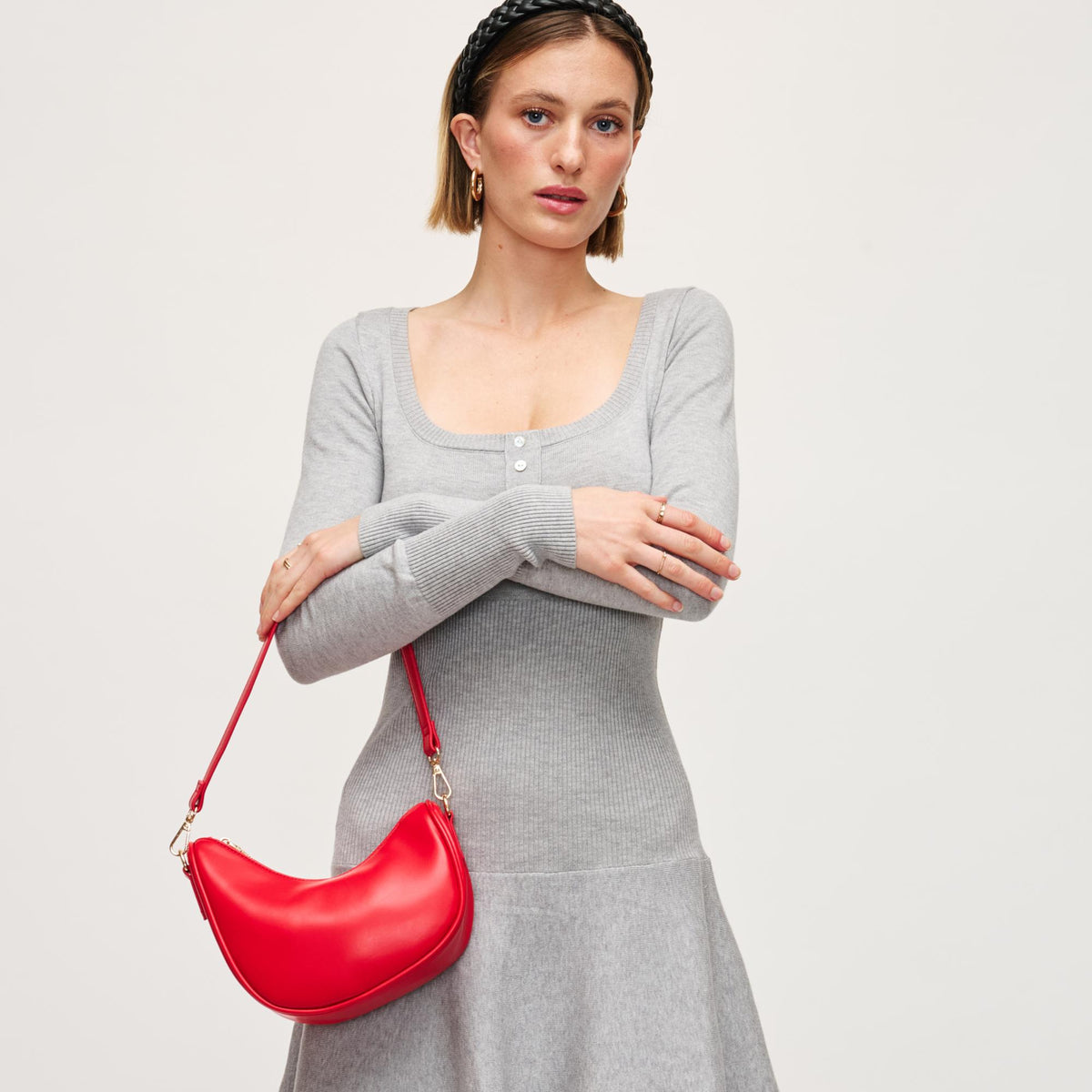 Woman wearing Red Urban Expressions Mila Crossbody 840611154323 View 3 | Red