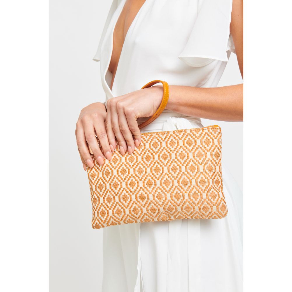 Woman wearing Caramel Urban Expressions Joan - Jacquard Wristlet 840611181152 View 4 | Caramel