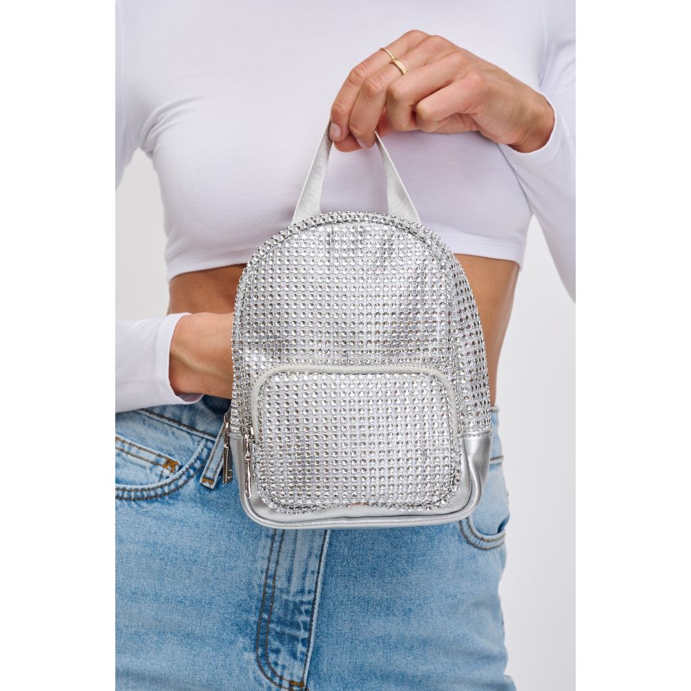 Woman wearing Silver Urban Expressions Frizzante Crossbody 840611121486 View 4 | Silver