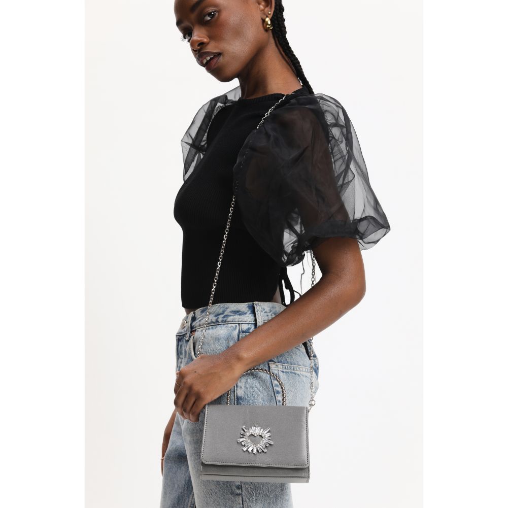 Woman wearing Pewter Urban Expressions Marlene Evening Bag 840611190314 View 3 | Pewter