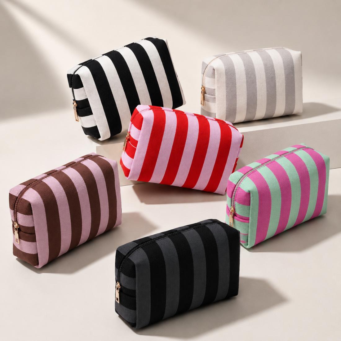 Woman wearing Black Ivory Urban Essentials Essential Stripe Cosmetic & Travel Organizer Pouch 840504207402 View 2 | Black Ivory