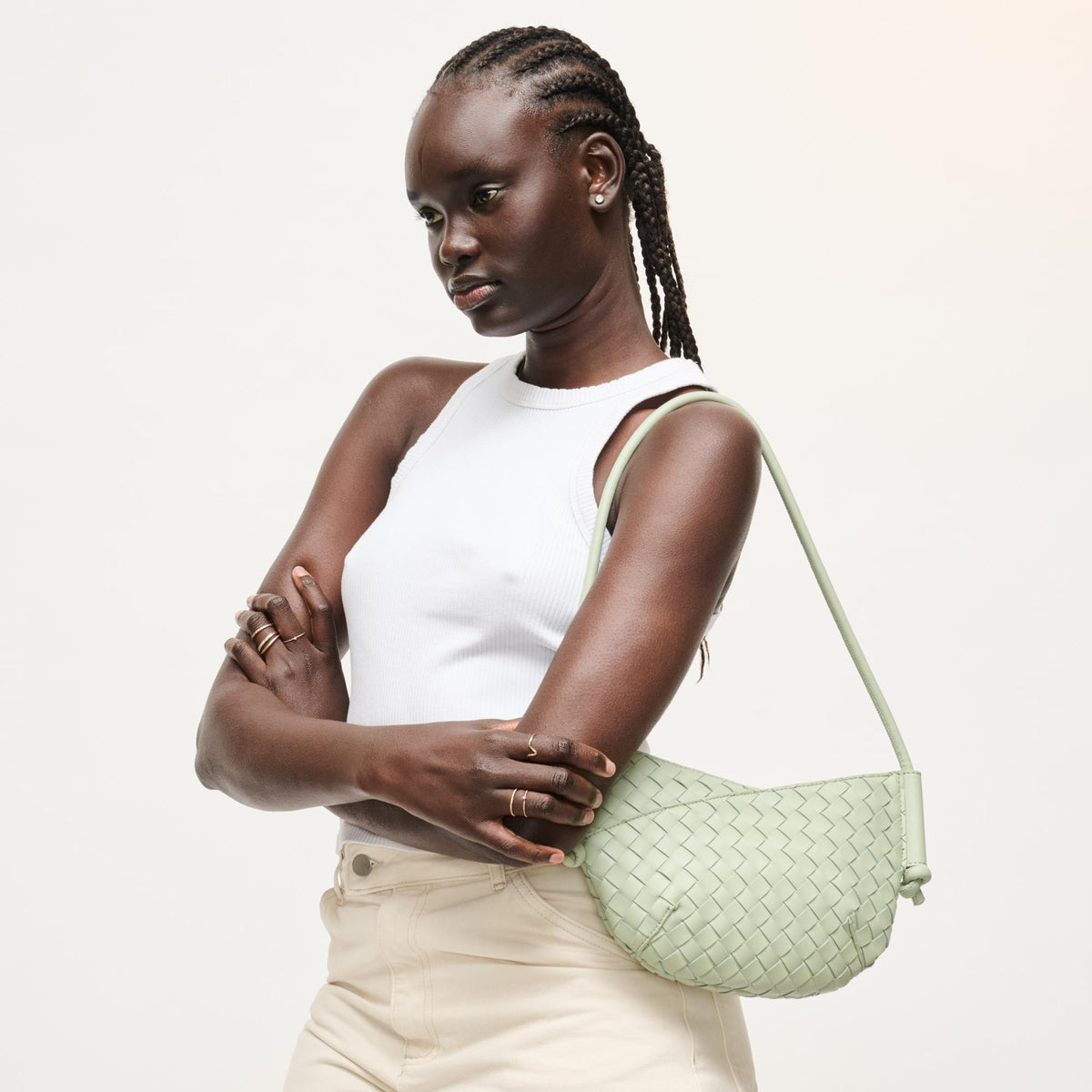 Woman wearing Sage Urban Expressions Oakley Shoulder Bag 840504204241 View 1 | Sage