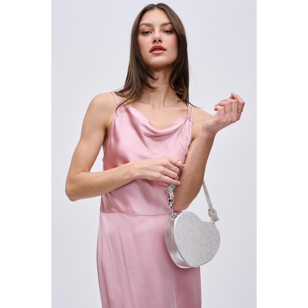 Woman wearing Silver Urban Expressions Corinne Evening Bag 840611191373 View 3 | Silver