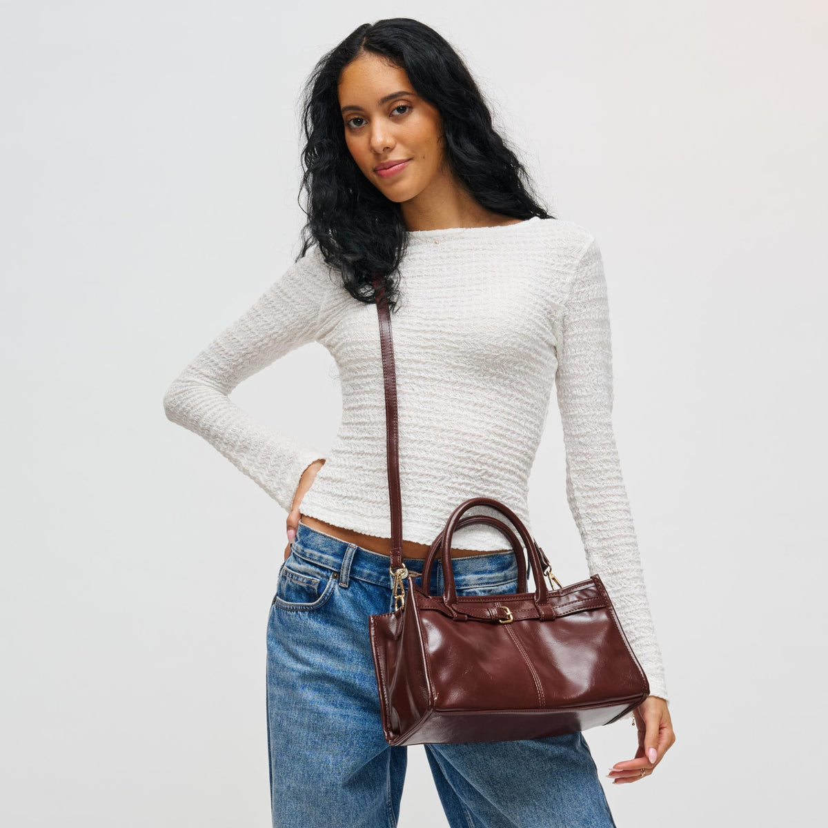 Woman wearing Chocolate Urban Expressions Joanna Crossbody 840611198204 View 3 | Chocolate