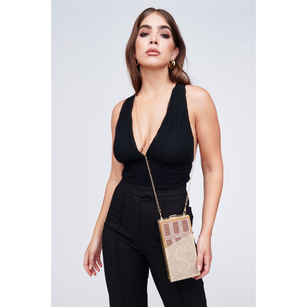 Woman wearing Chocolate Urban Expressions Willie Minaudiere 840611101204 View 3 | Chocolate