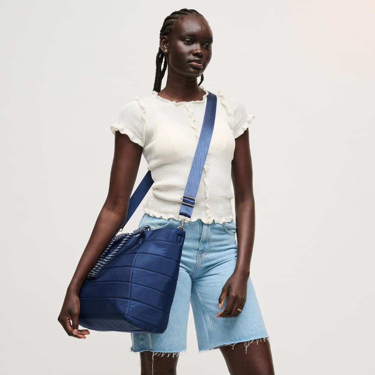Woman wearing Navy Urban Expressions Lyla Tote 840504206146 View 3 | Navy