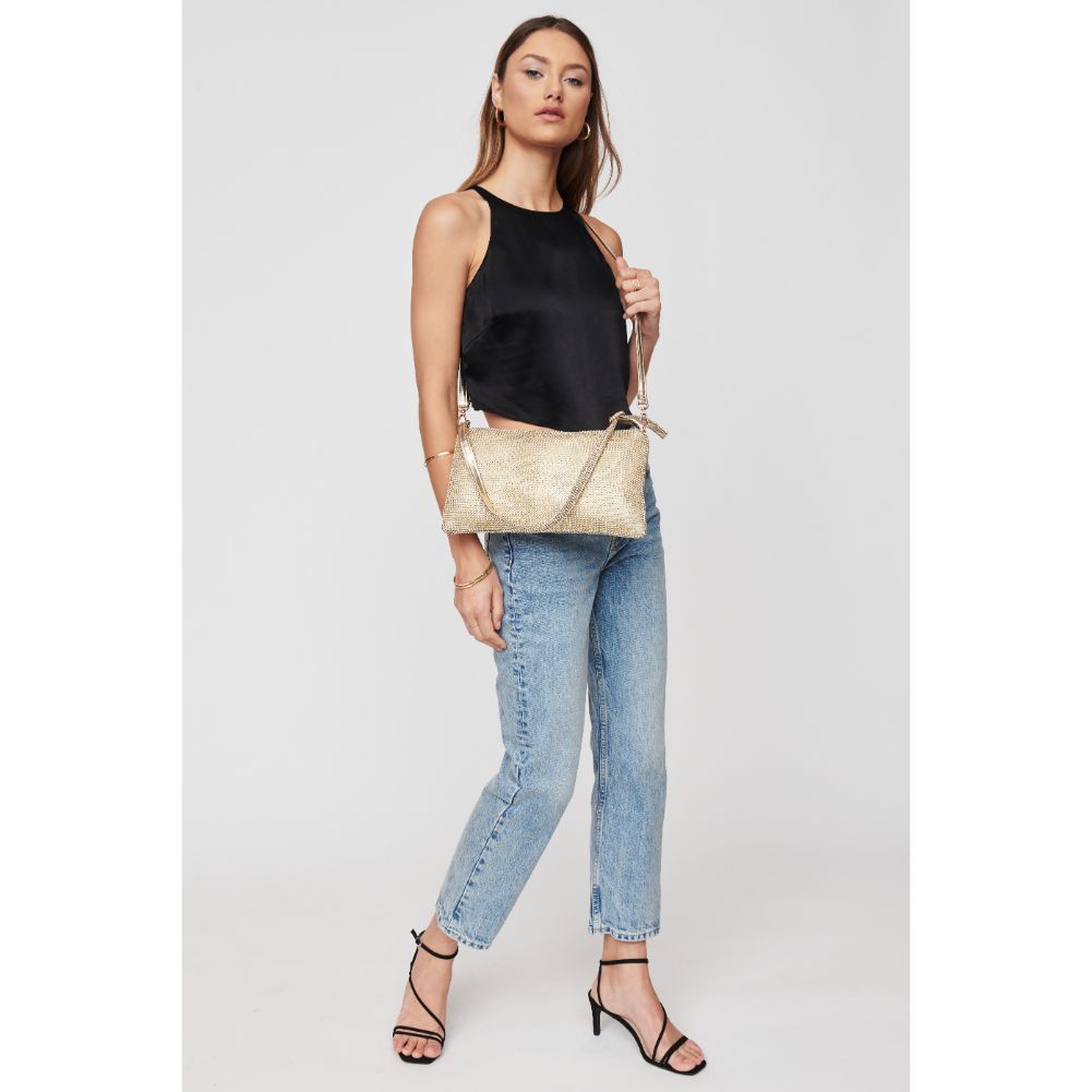 Woman wearing Gold Urban Expressions Glenda Evening Bag 840611104892 View 3 | Gold