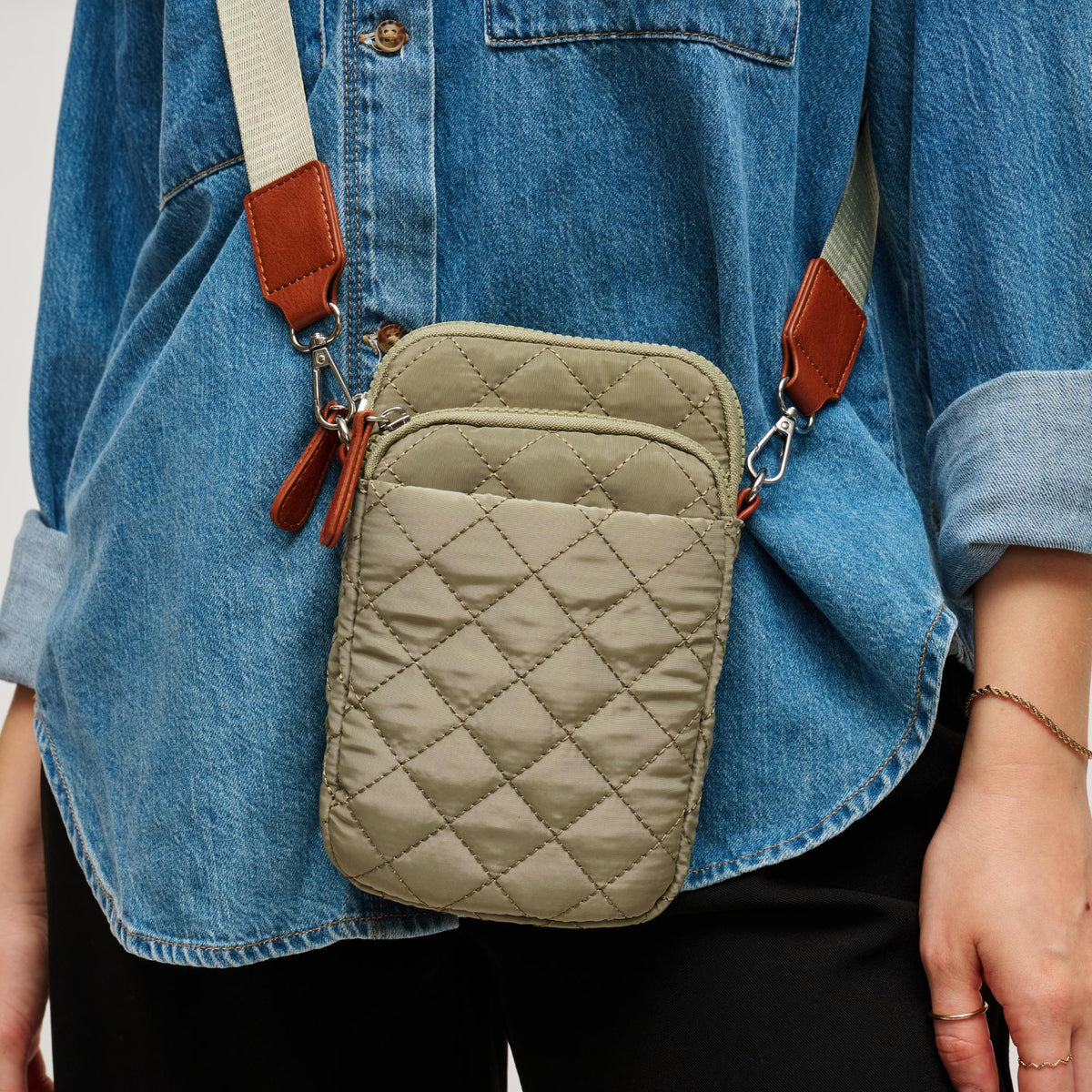 Woman wearing Sage Tan Urban Expressions Vesna Crossbody 840504206030 View 2 | Sage Tan