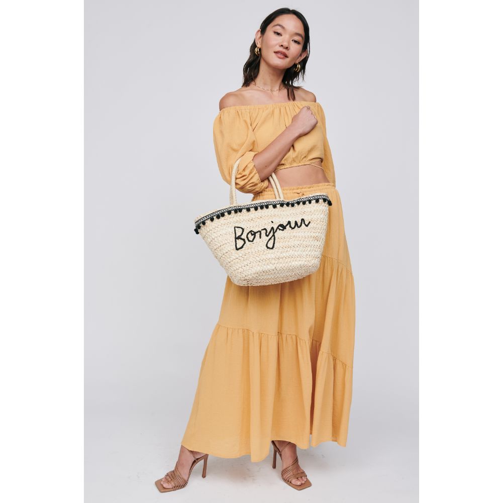 Woman wearing Beige Urban Expressions Bonjour Tote 840611100191 View 3 | Beige