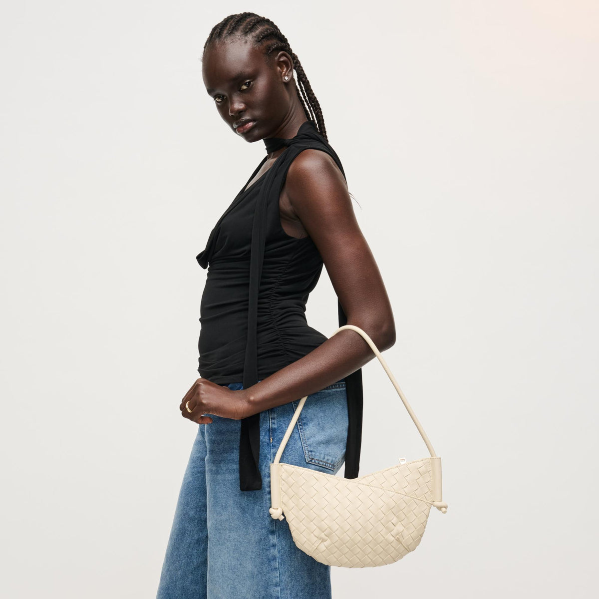 Woman wearing Oatmilk Urban Expressions Oakley Shoulder Bag 840504204210 View 3 | Oatmilk