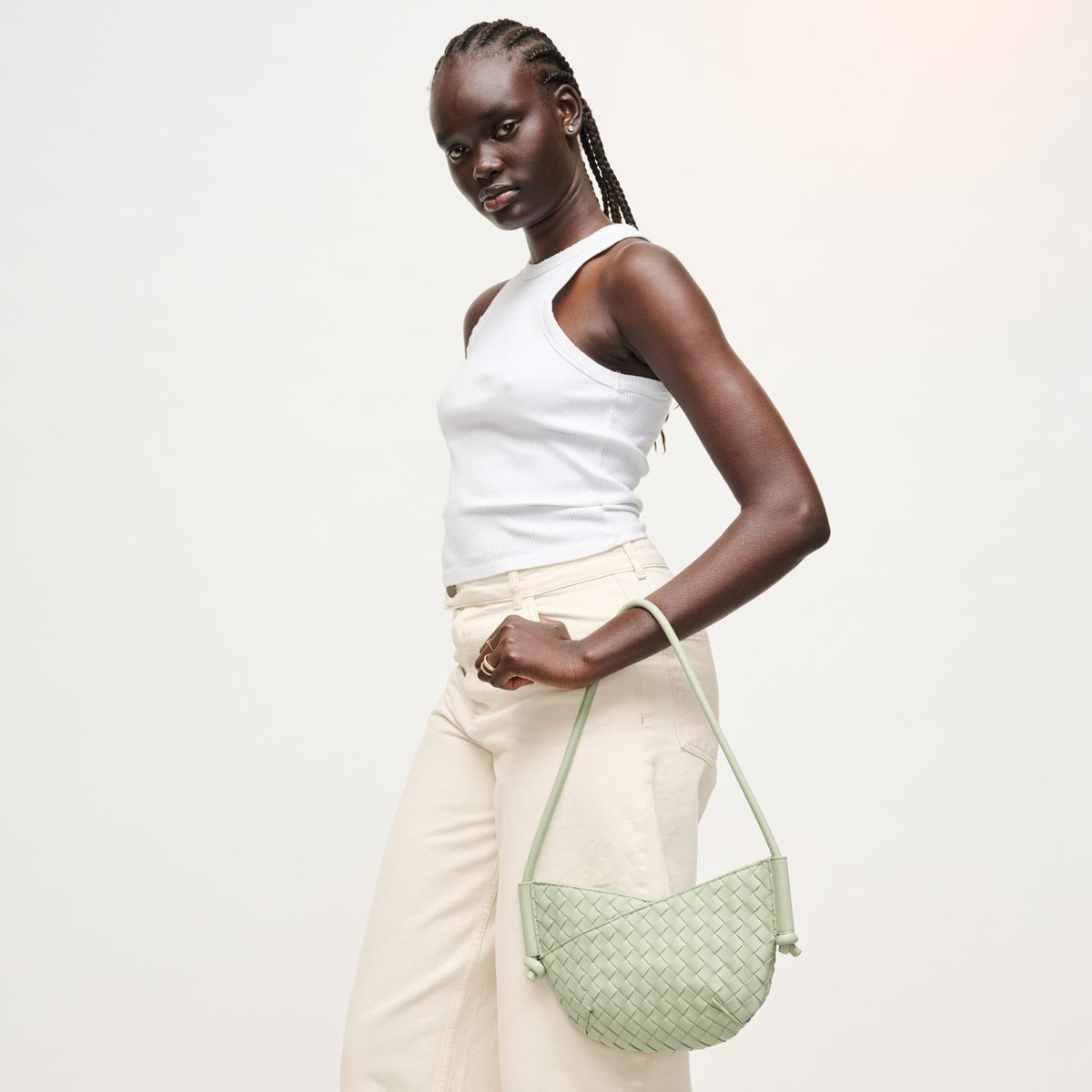 Woman wearing Sage Urban Expressions Oakley Shoulder Bag 840504204241 View 3 | Sage