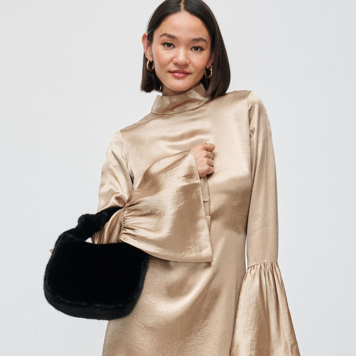 Woman wearing Black Urban Expressions Monica - Faux Fur Crossbody 840611199522 View 2 | Black