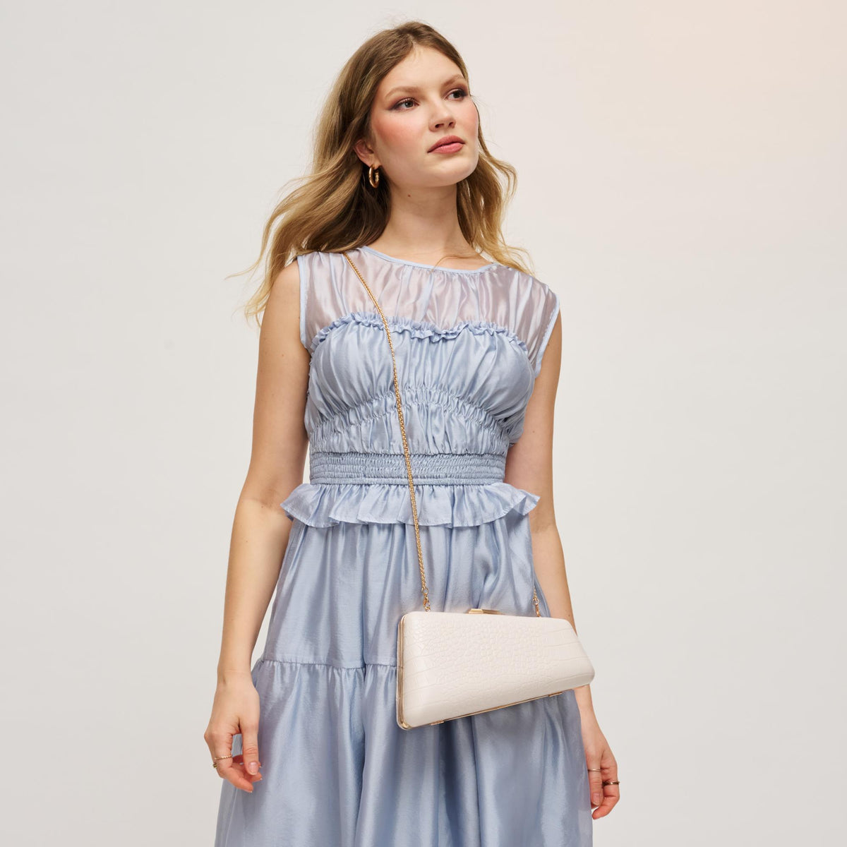 Woman wearing Oatmilk Urban Expressions Irene - Croco Asymmetrical Evening Bag 840504206719 View 2 | Oatmilk