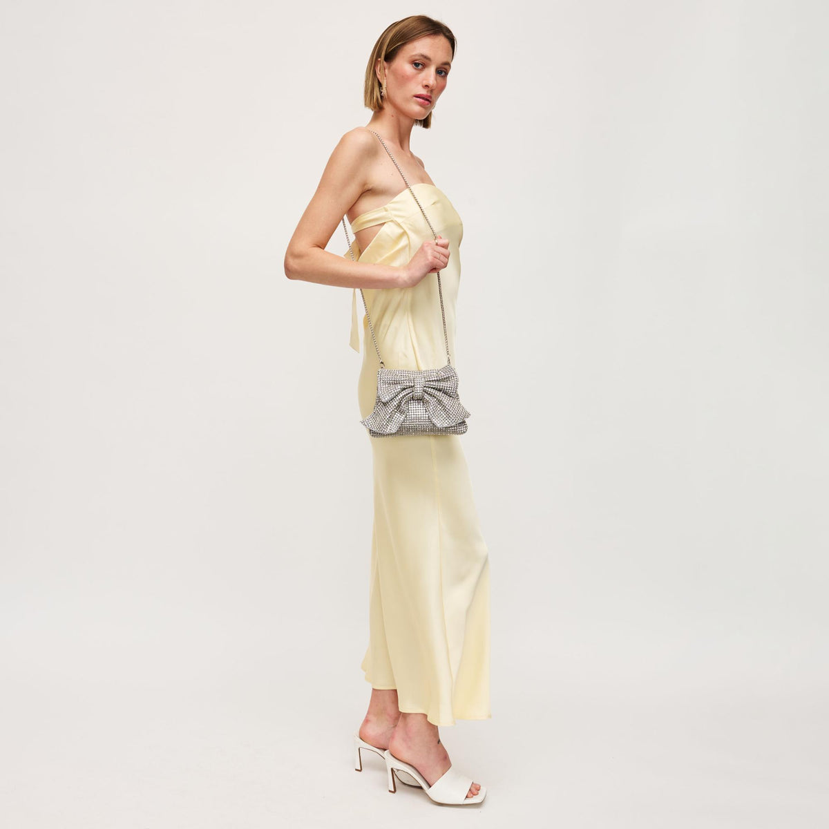 Woman wearing Silver Urban Expressions Gretchen Evening Bag 840611156389 View 3 | Silver