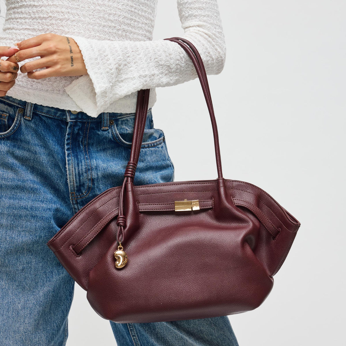 Woman wearing Wine Urban Expressions Monroe Satchel 840504200830 View 4 | Wine