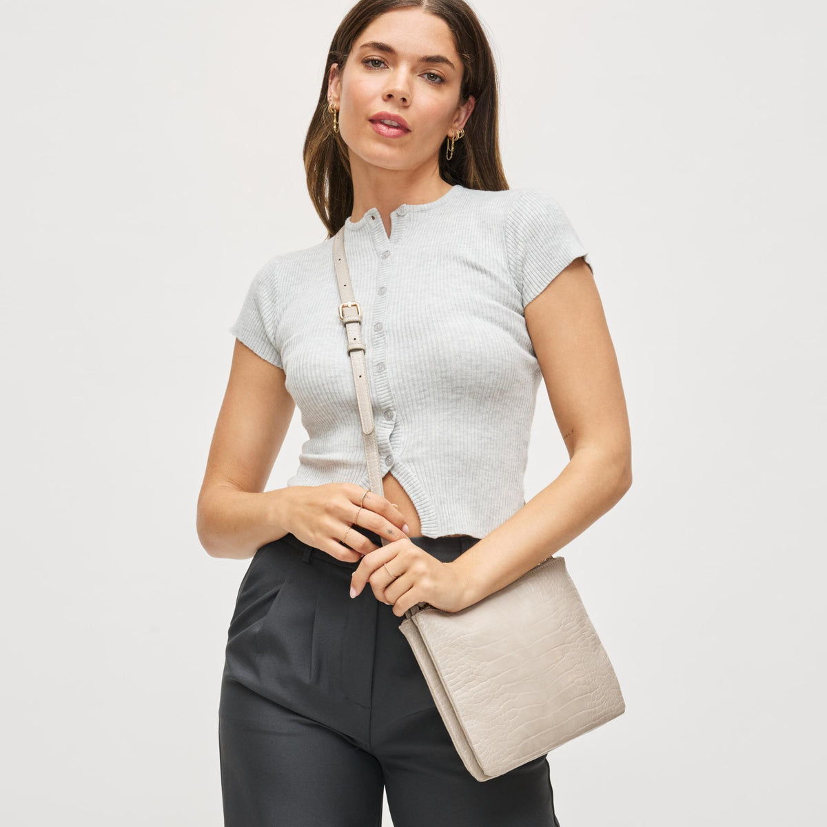 Woman wearing Bone Urban Expressions Judy Crossbody 840611199607 View 2 | Bone
