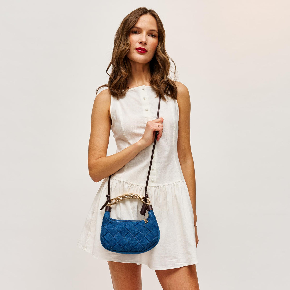 Woman wearing Denim Brown Urban Expressions Yvette Crossbody 840611143198 View 1 | Denim Brown