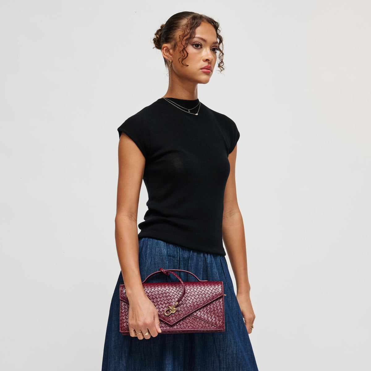 Woman wearing Burgundy Urban Expressions Khaleesi Clutch 840504211881 View 3 | Burgundy