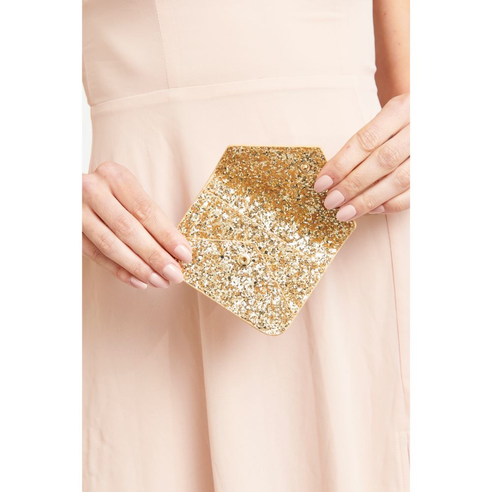 Woman wearing Gold Urban Expressions Fifi Confetti Card Holder NA-840611164872 View 2 | Gold