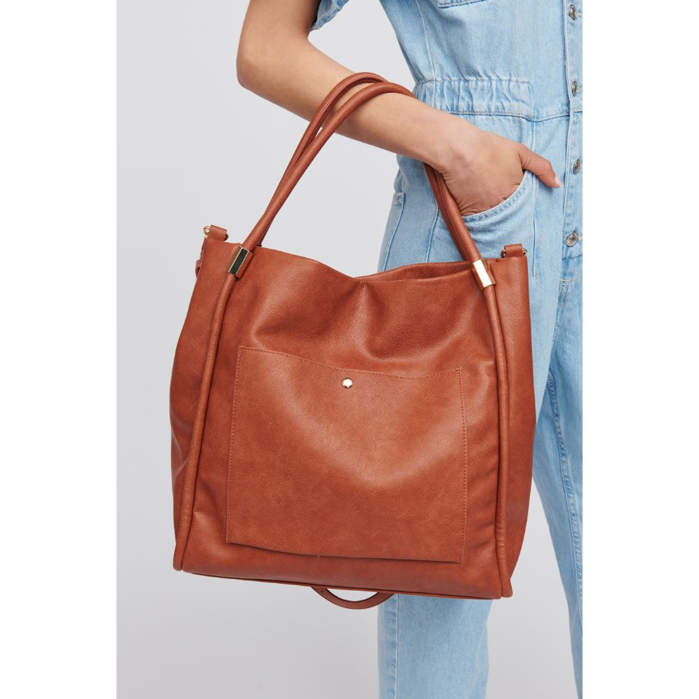 Woman wearing Tan Urban Expressions Deborah Tote 818209016797 View 4 | Tan