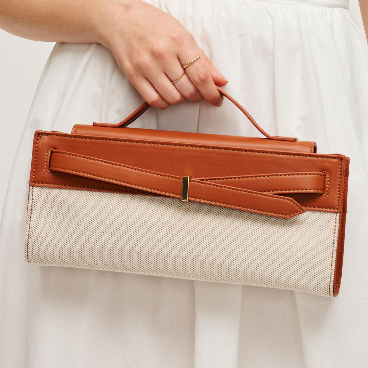 Woman wearing Ivory Tan Urban Expressions Emerly Clutch 840504205736 View 2 | Ivory Tan