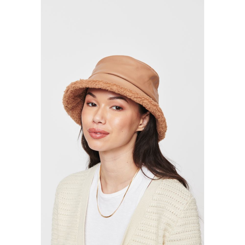 Woman wearing Latte Urban Expressions Shearling Trim Bucket Hat Bucket Hat 818209014700 View 2 | Latte