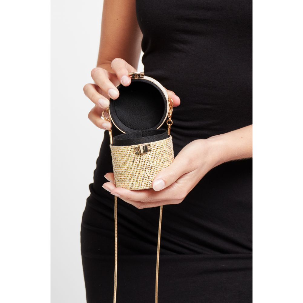 Woman wearing Gold Urban Expressions Aura Evening Bag 840611177339 View 2 | Gold