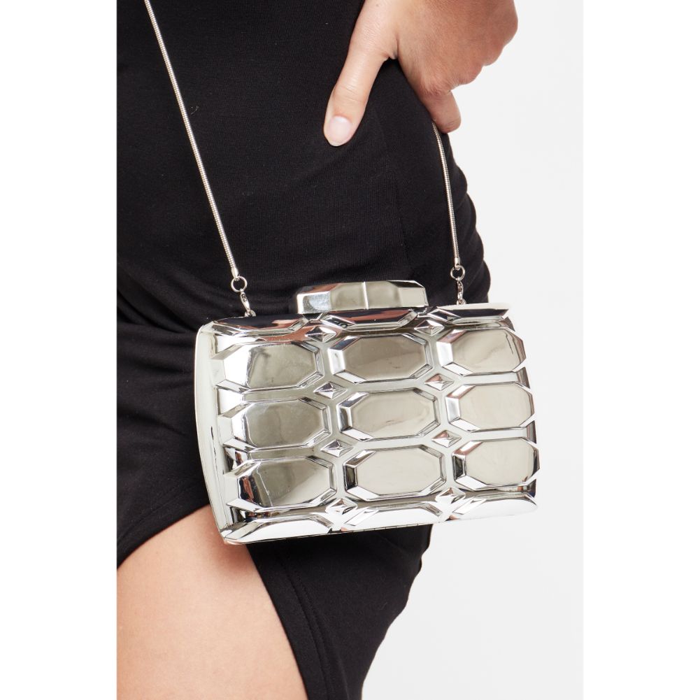 Woman wearing Silver Urban Expressions Rexha Evening Bag 840611171658 View 2 | Silver