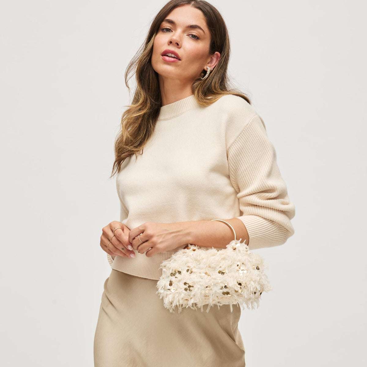 Woman wearing Champagne Urban Expressions Charlotte Evening Bag 840504200953 View 1 | Champagne