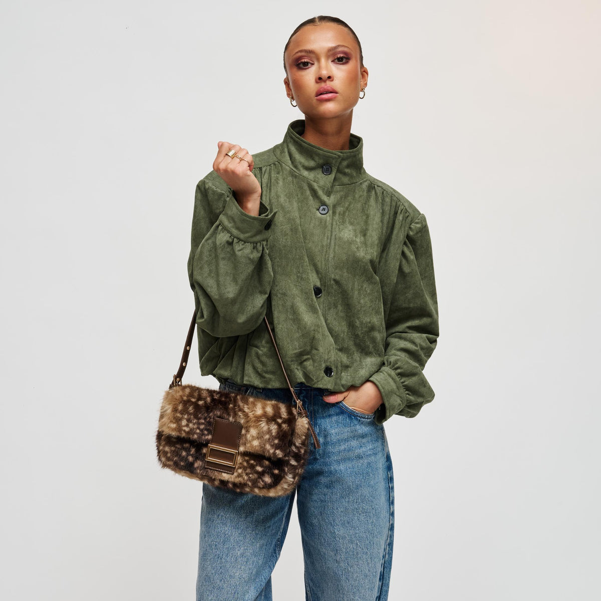 Woman wearing Fawn Brown Urban Expressions Beverly - Faux Fur Crossbody 840504212444 View 3 | Fawn Brown