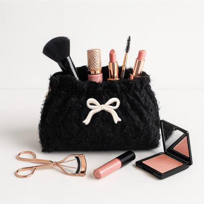 Woman wearing Black Cream Urban Essentials Fluffette Cosmetic & Travel Organizer Pouch 840611197252 View 1 | Black Cream