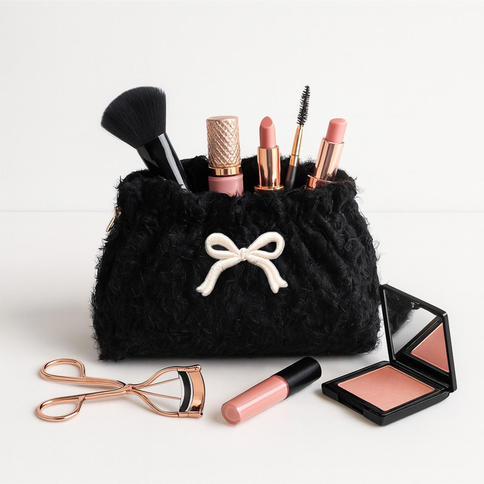 Woman wearing Cream Black Urban Essentials Fluffette Cosmetic & Travel Organizer Pouch 840611197245 View 1 | Cream Black