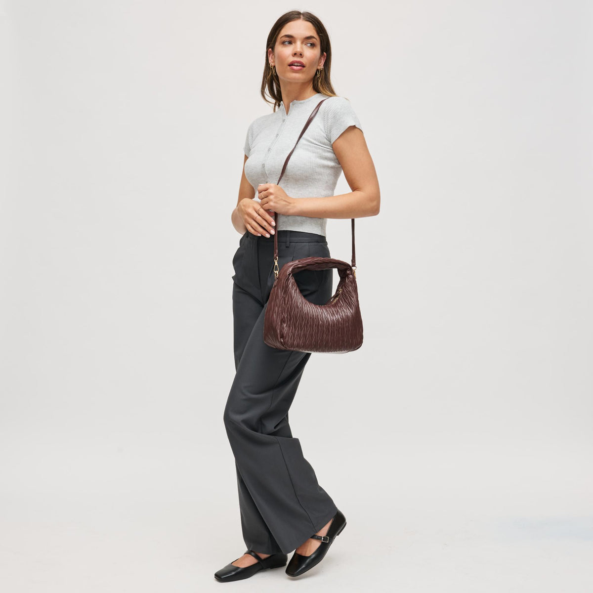 Woman wearing Chocolate Urban Expressions Amara Crossbody 840611198860 View 4 | Chocolate