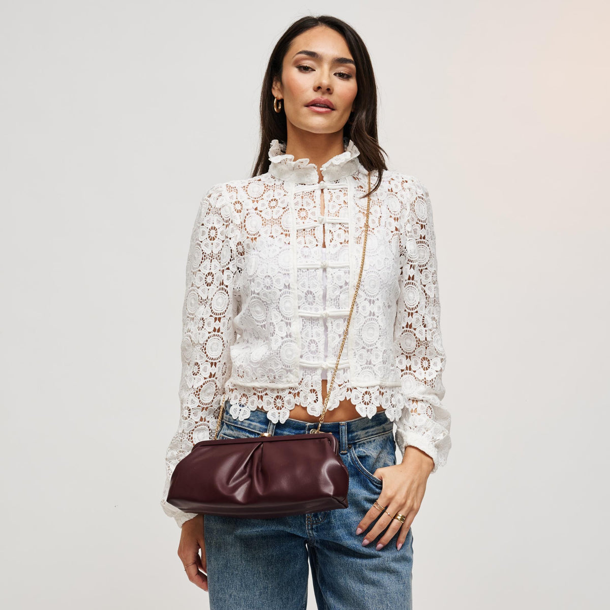 Woman wearing Burgundy Urban Expressions Kit Crossbody 840504212536 View 3 | Burgundy