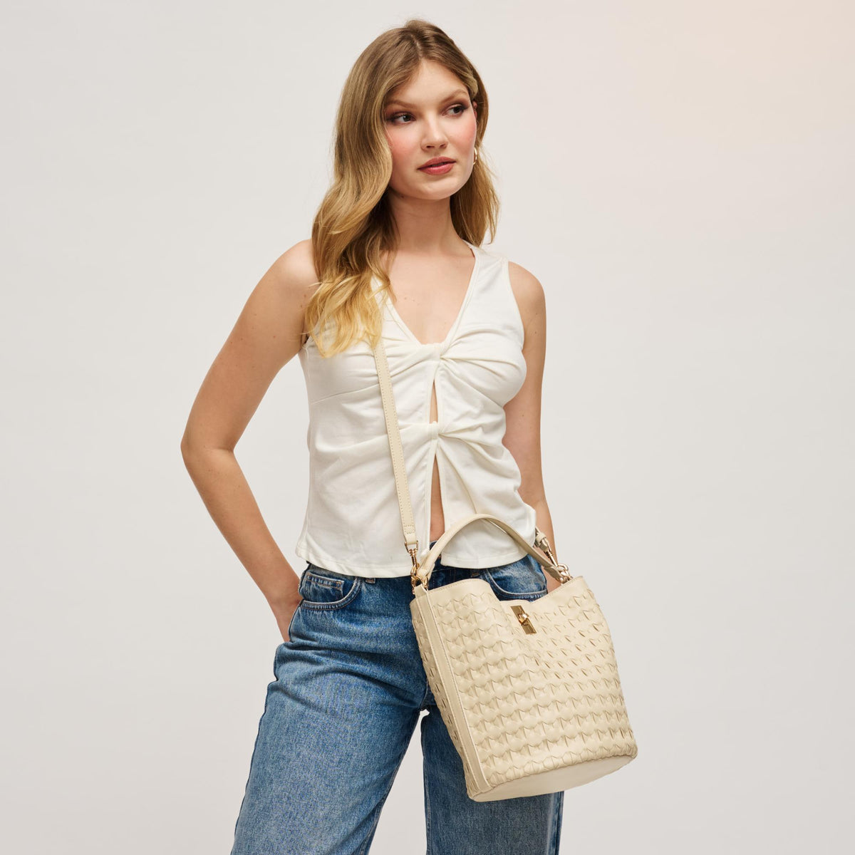 Woman wearing Oatmilk Urban Expressions Maverick Bucket 840504204968 View 1 | Oatmilk