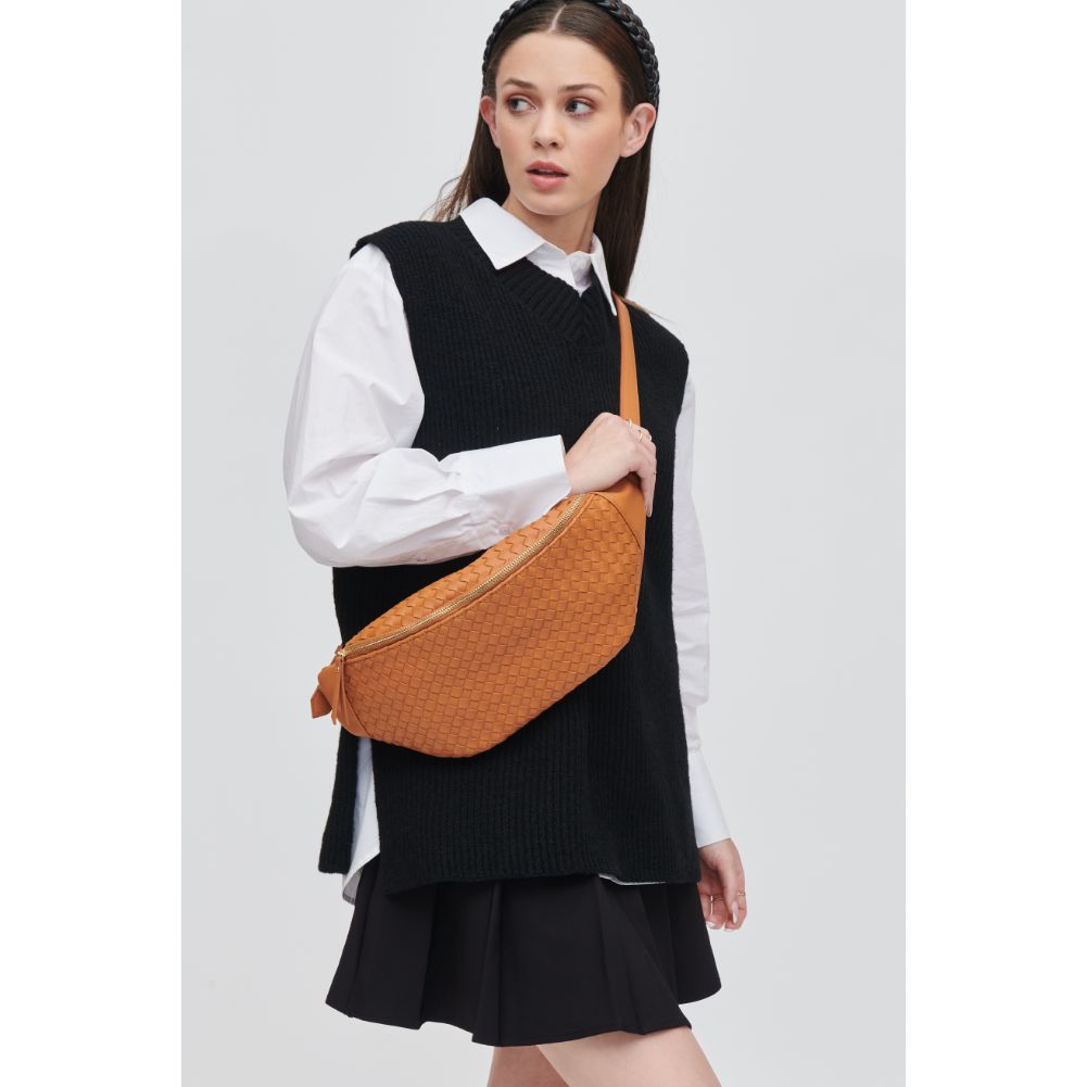 Woman wearing Tan Urban Expressions Theos Belt Bag 840611107350 View 2 | Tan