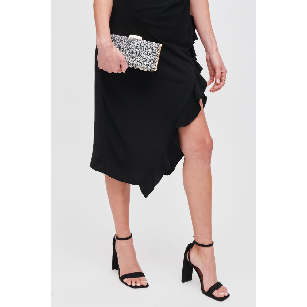 Woman wearing Black Silver Urban Expressions Madelyn Evening Bag 840611118813 View 3 | Black Silver