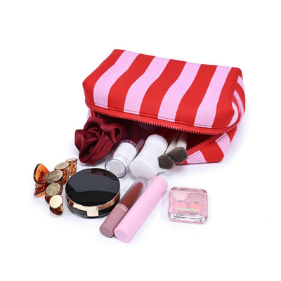Woman wearing Red Pink Urban Essentials Essential Stripe Cosmetic & Travel Organizer Pouch 840504207396 View 1 | Red Pink