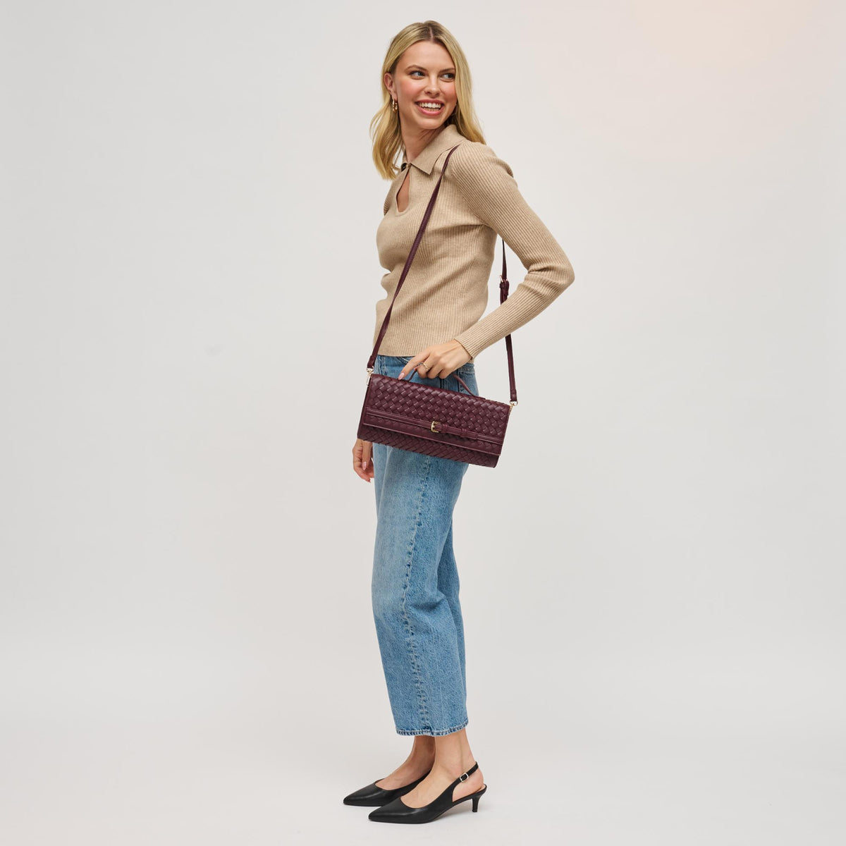 Woman wearing Wine Urban Expressions Emerson Crossbody 840611198334 View 3 | Wine
