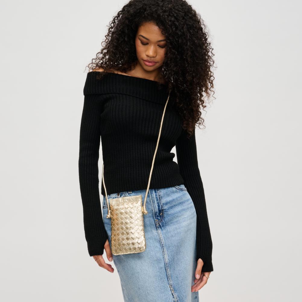 Woman wearing Gold Urban Expressions Jackie Crossbody 840611141996 View 2 | Gold