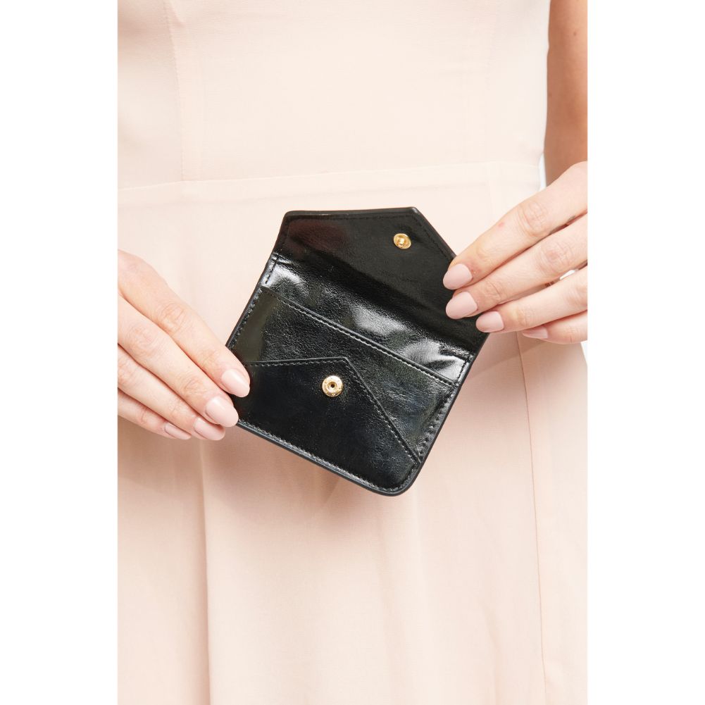 Woman wearing Black Urban Expressions Fifi Metallic Card Holder 840611119414 View 3 | Black