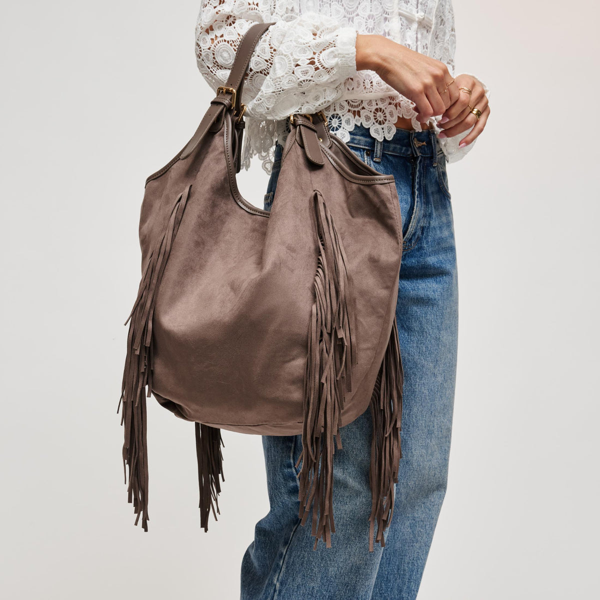 Woman wearing Taupe Urban Expressions Nyxie Tote 840504211560 View 4 | Taupe