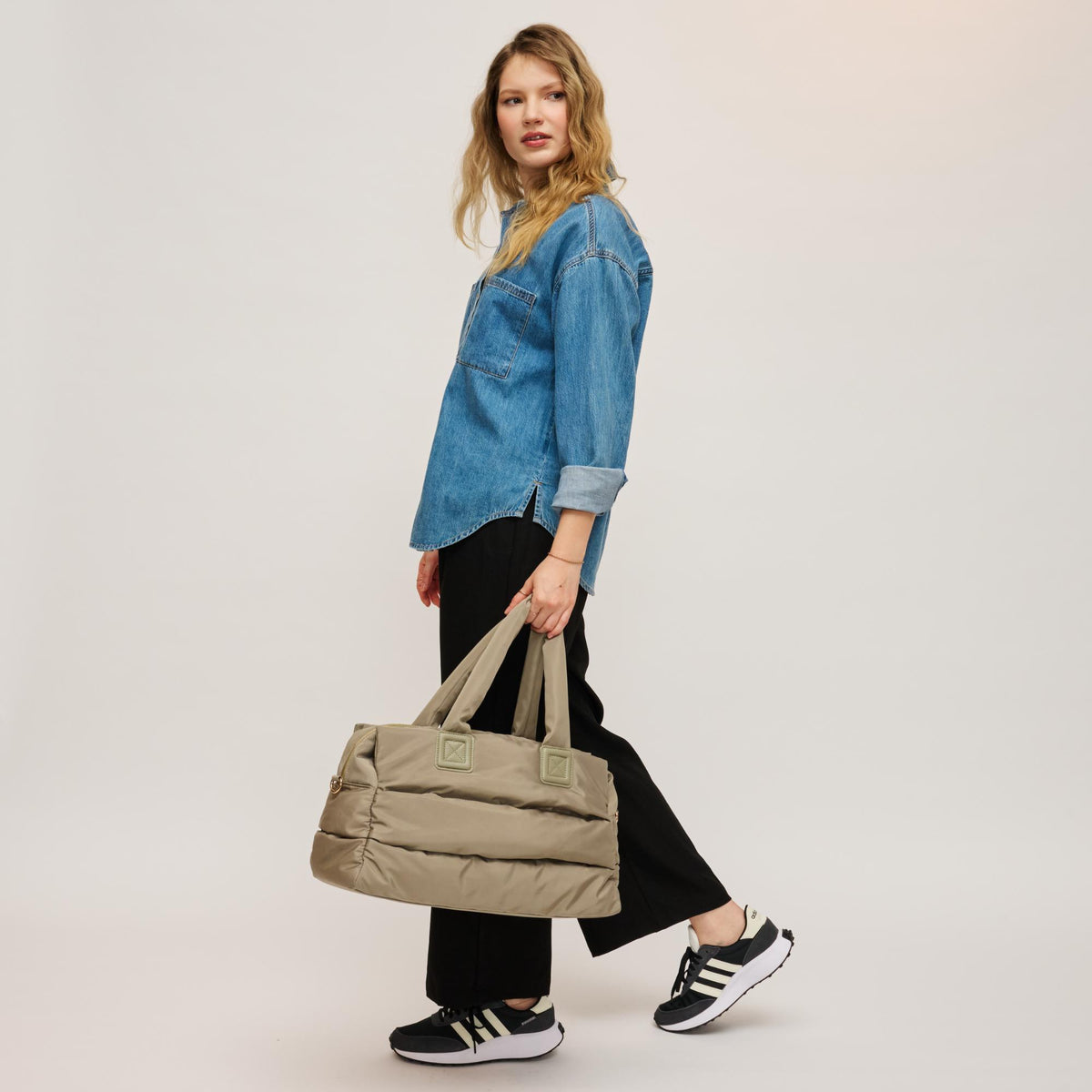 Woman wearing Sage Urban Expressions Mia Tote 840504204265 View 4 | Sage