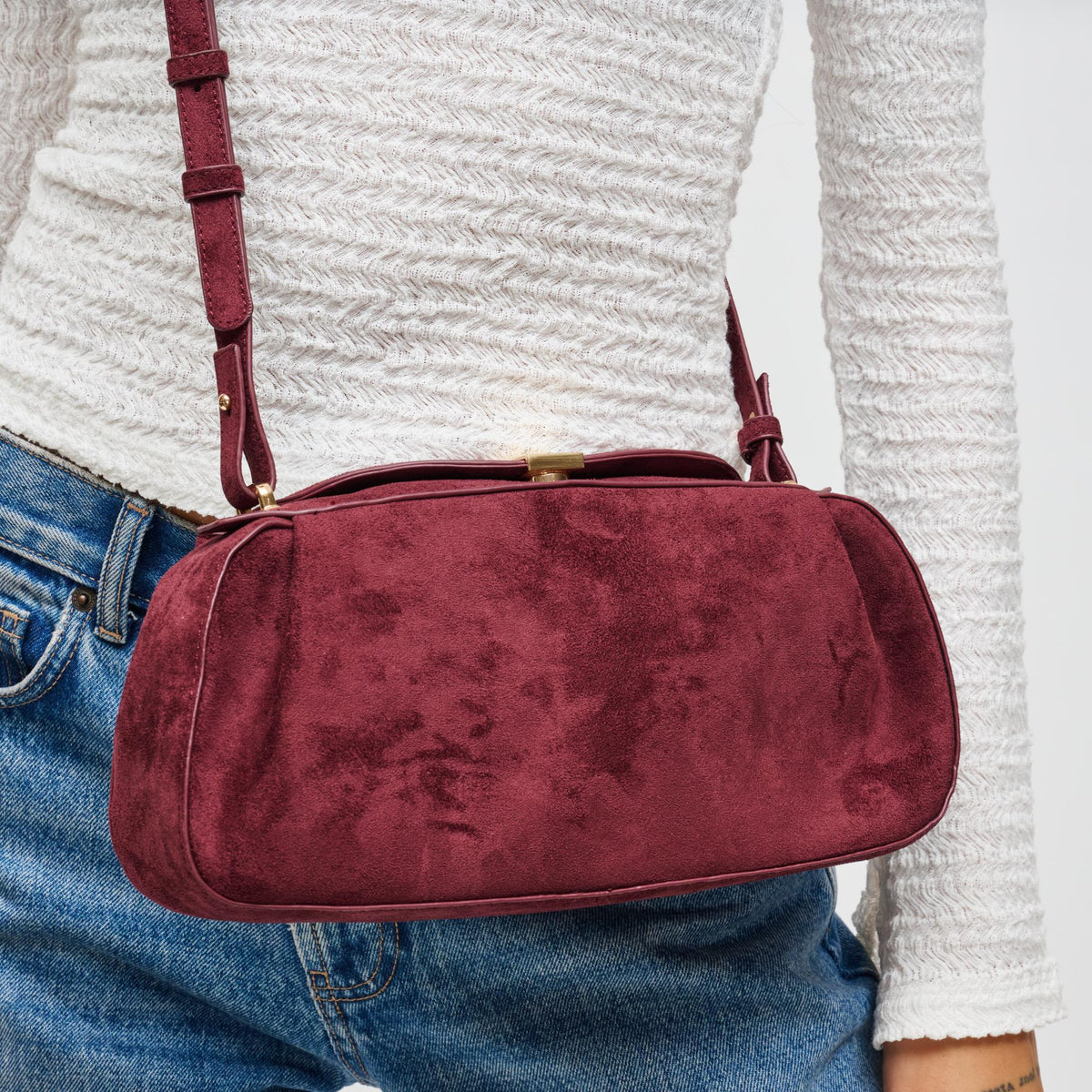 Woman wearing Wine Urban Expressions Lizzie Crossbody 840611199096 View 2 | Wine