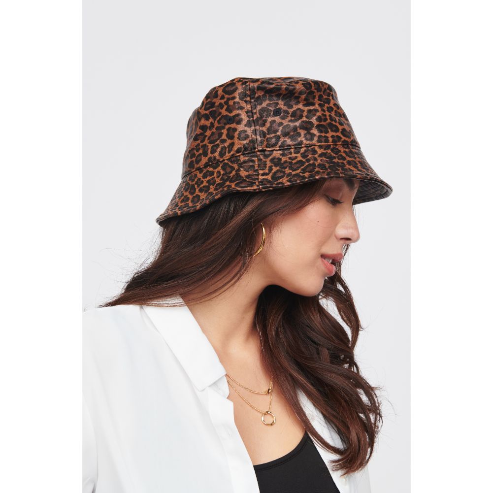 Woman wearing Leopard Urban Expressions Vegan Leather Bucket Hat Bucket Hat 818209014816 View 2 | Leopard