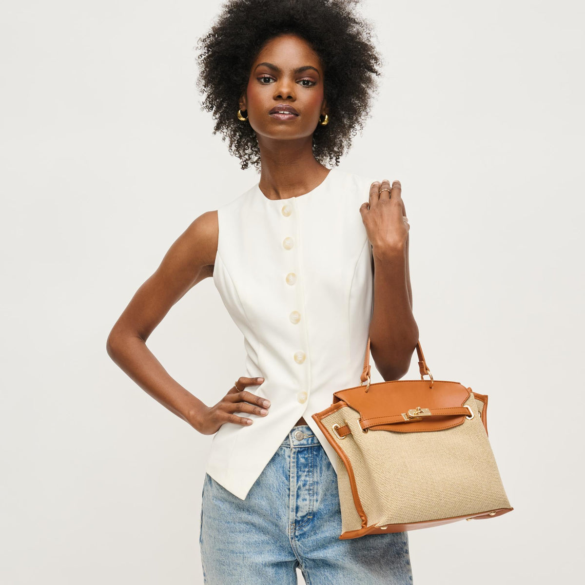 Woman wearing Natural Tan Urban Expressions Yoana Satchel 840611152800 View 2 | Natural Tan