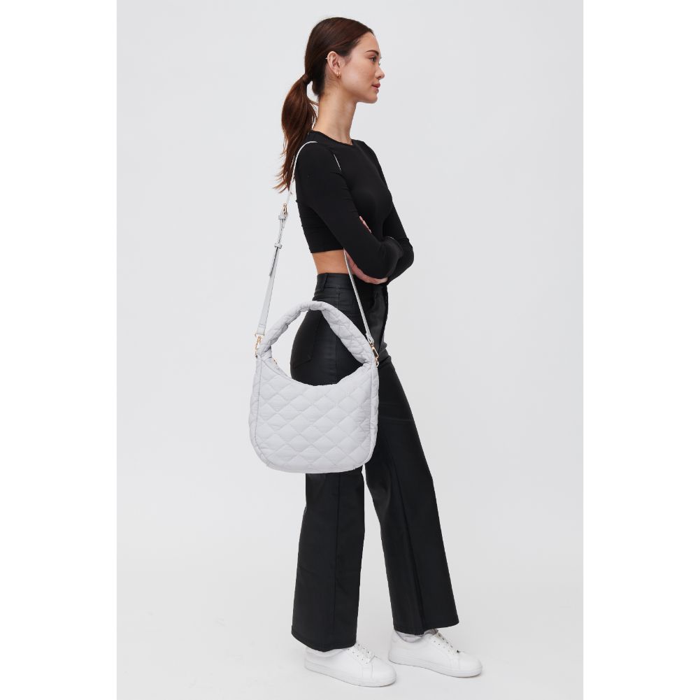 Woman wearing Dove Grey Urban Expressions Sonoma - Quilted Nylon Hobo 840611118486 View 3 | Dove Grey