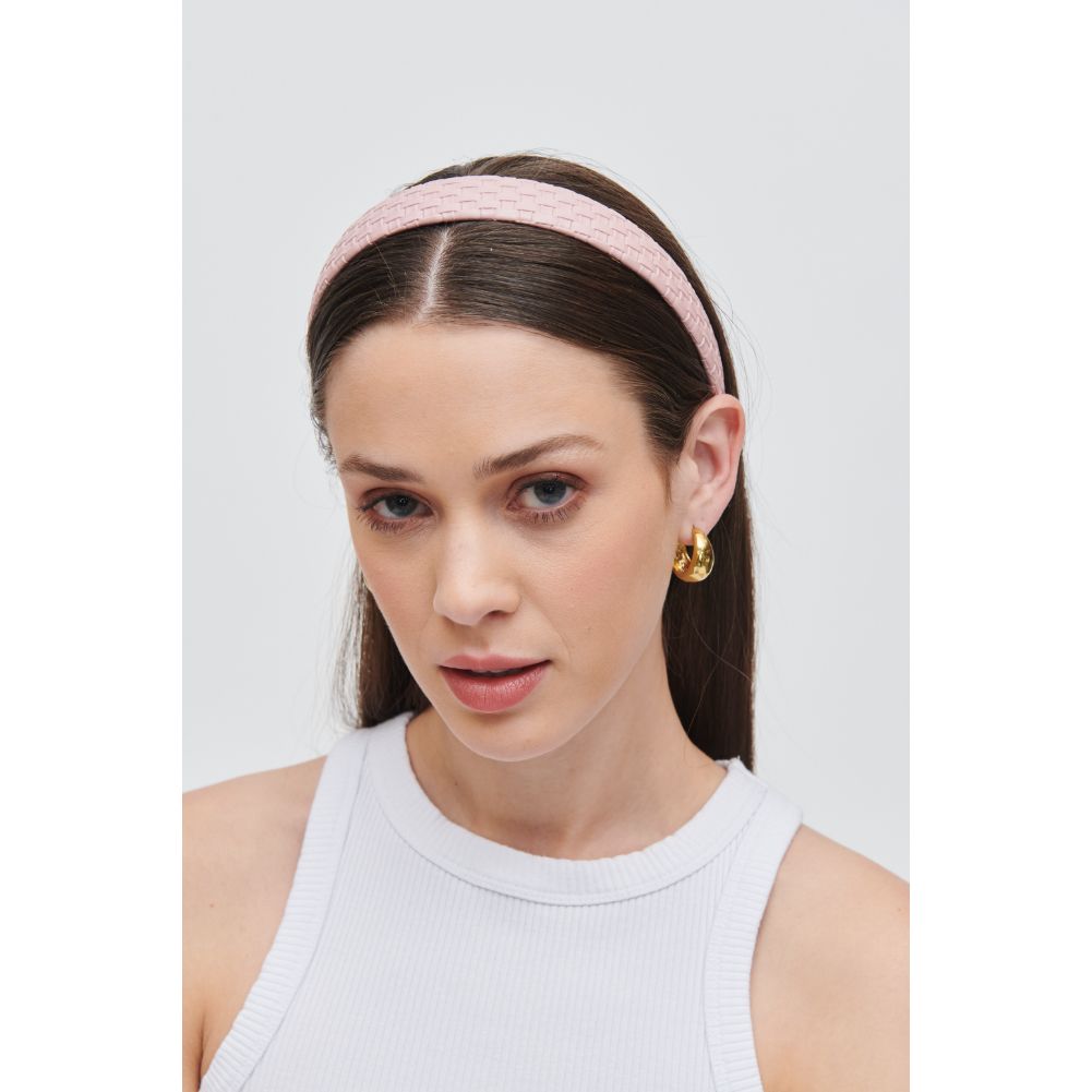 Woman wearing Pink Urban Expressions Embossed Woven Vegan Leather Headband Headband 818209014267 View 2 | Pink