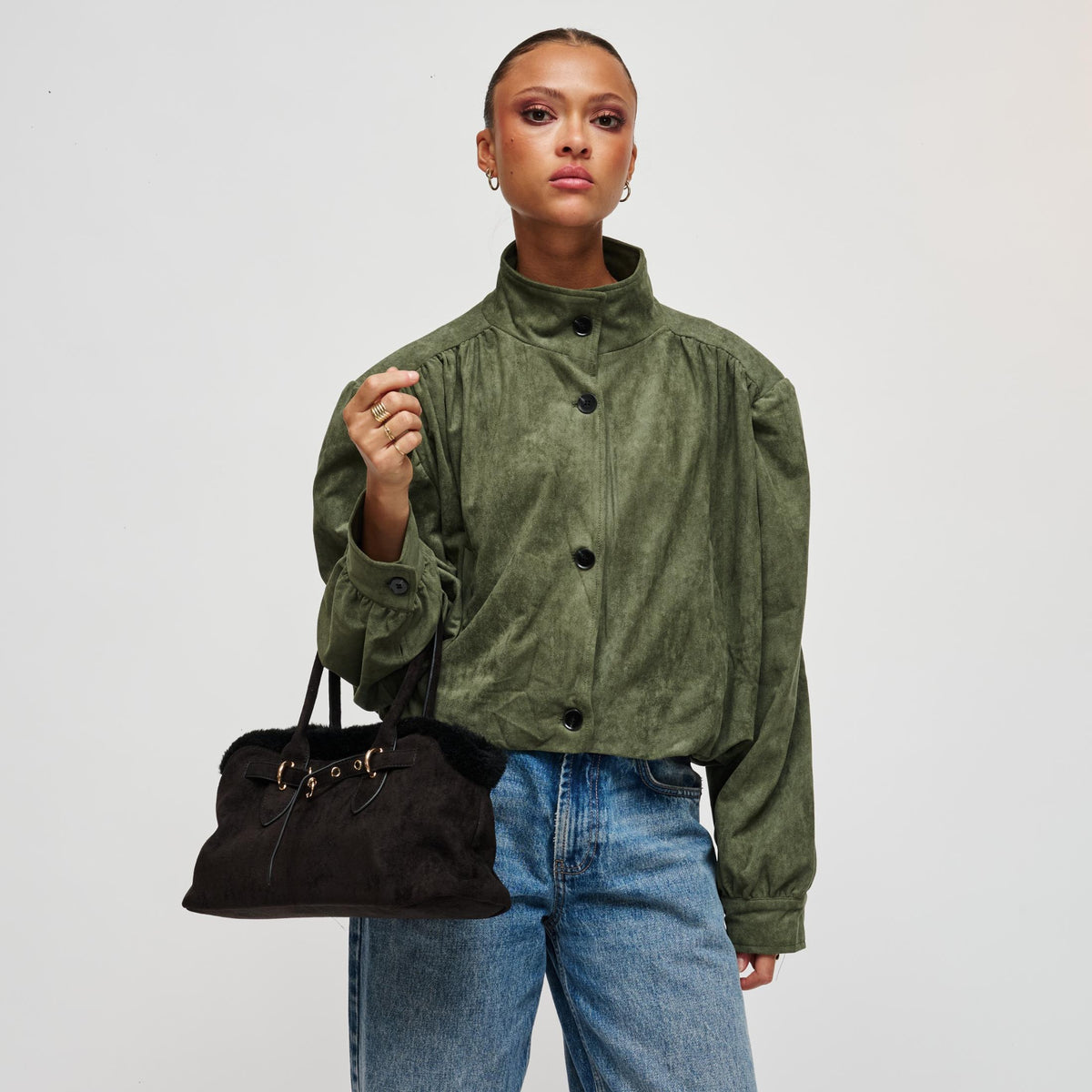 Woman wearing Black Urban Expressions Tommy Satchel 840504212314 View 2 | Black